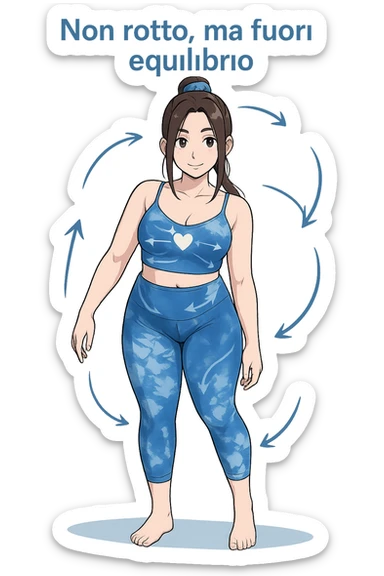 stile manga a woman stands in a relaxed pose, with a gentle, confident expression. Her body is shown with subtle, curved lines or arrows indicating areas of imbalance (such as a slight tilt in the shoulders or hips), but no signs of injury or damage. A soft glow or heart symbol at her core emphasizes resilience and the message “Non rotto, ma fuori equilibrio” The background is clean and clinical, with light blue tones. sticker