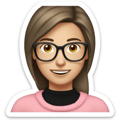 Russian smile Girl with straight brown hair and black glasses frame and in pink sweater working behind laptop sticker