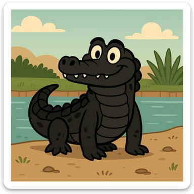 black caiman, cartoon style, friendly face, simplified features, standing on riverbank sticker