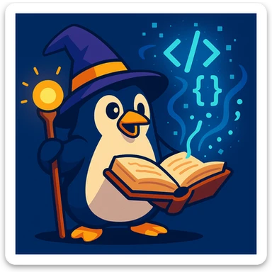 a penguin wizard conjuring programming code from a spellbook, with a glowing staff and digital symbols in the air sticker