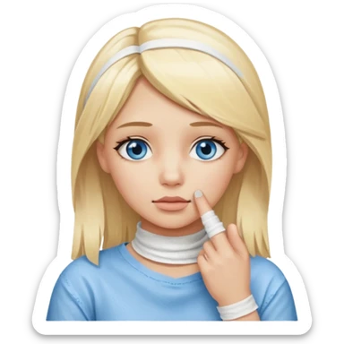 blonde-haired, blue-eyed, fair-skinned girl with her entire index finger fully bandaged, placing the bandaged finger on her chin and thinking sticker