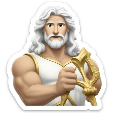 white man Poseidon with gold Trident. long white hair white dress. show biceps sticker