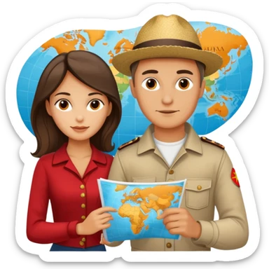 Russian man and elegant Spanish girl in costal outfits with a map planning  sticker