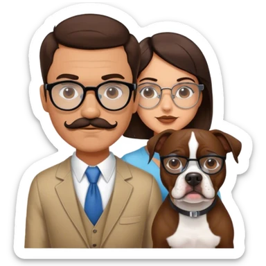 brunette man w wire glasses and mustache and brunette girl with bob and a brown pitbull boston terrier  sticker