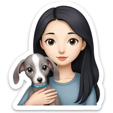 Slim Chinese girl with long black hair holding all grey Italian greyhound sticker
