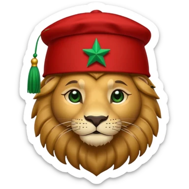Cute lion emoji face wearing a red Moroccan fez with a green star on the front and a black tassel on the right side. Solid dark-blue background. sticker