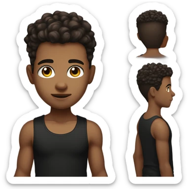 Boy with hair shaved on the sides and curly hair on top, dark brown eyes, wearing black tank top sticker