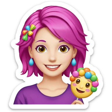 colorful hair woman with candy accessories, not holding a candy sticker