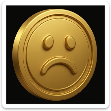 Make this 3D golden dollar coin look sad by adding a sad face to the coin, keeping the same 3D style and gold color. sticker