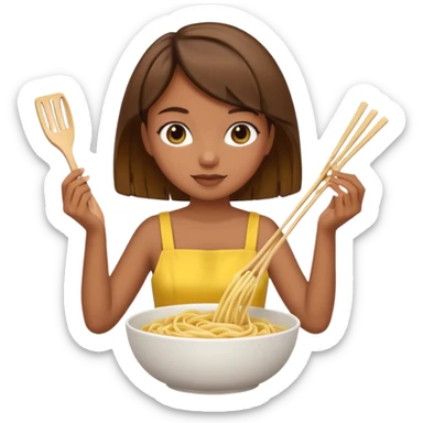 Brown short hair girl with cute yellow dress making noodle sticker