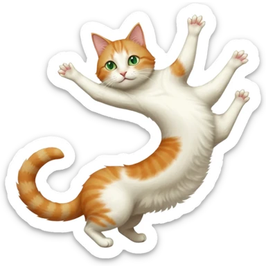 ginger and white cat with green eyes doing a big extremely long stretch reaching up into the air with arms and legs side by side together straight and overextended whilst lying on its side sticker