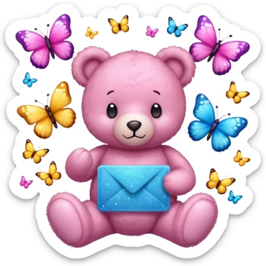 A pink teddy bear holding a sign and surrounded by butterflies and sparkles. sticker