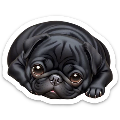 Cinematic Meme-Worthy Chubby Sleeping Black Pug Portrait Emoji, Head resting peacefully with a contented smile, showcasing a delightfully chubby build and a luxuriously soft black coat, eyes shut in a serene nap, Simplified yet hilariously adorable features, highly detailed, glowing with a soft, drowsy light, high shine, relaxed and utterly lovable, stylized with an air of playful laziness, bright and heartwarming, soft glowing outline, capturing the essence of a comically sleepy companion, so meme-worthy it feels like it could instantly become the next viral sensation of adorable slumber! sticker