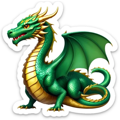 cinematic-noble-dragon-full body-emoji,-poised-and-majestic,-with-a-sinuous,-elongated-build-and-shimmering,-scale-covered-skin-in-hues-of-emerald-and-gold,-piercing,-fiery-eyes,-simplified-yet-sharp-and-sophisticated-features,-highly-detailed, zoomed out showing the serpentine body sticker