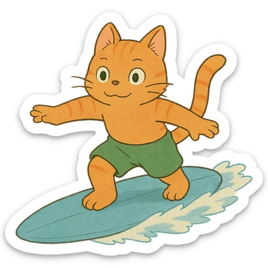 ghibli style orange cat with green shorts surfing sticker