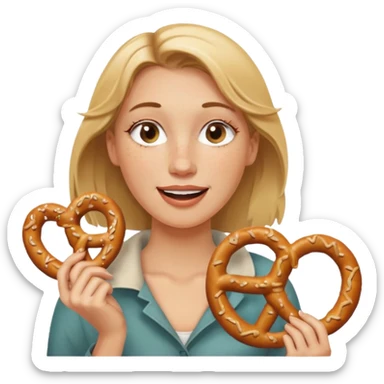 Winking, Dirty blond woman, fair skin with freckles,  holding pretzel sticker