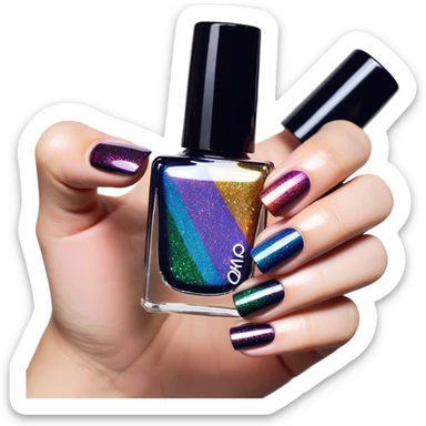 Realistic rainbow effect glitter shimmery nail polish, translucent bottle, black color top lid sticker