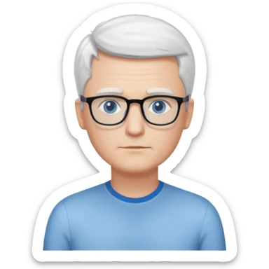 Thin white man, short white hair, black thin square glasses, white shirt, blue eyes, ceo - no tie - arms folded- stood right sticker