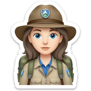 white woman park ranger with gray and brown hair, blue eyes, wearing a backpack sticker