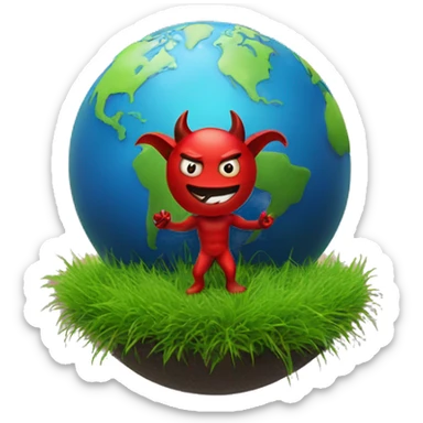 The devil standing on some grass with a tiny planet earth revolving around it sticker