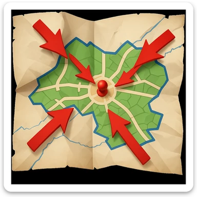 Add bold red arrows to the map, indicating an upcoming offensive attack strategy. Keep the emoji style and all original details. sticker