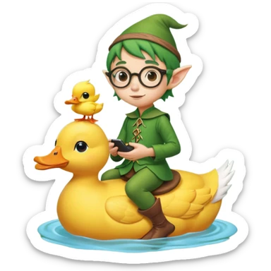 tiny forest elf with round glasses riding a duck sticker