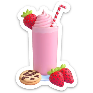 3D style strawberry milkshake with pink hue and cherry on top, glass with chocolate drizzle, cookie on the rim sticker