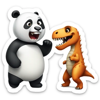 Panda being  losing a sparing match to a dinosaur sticker