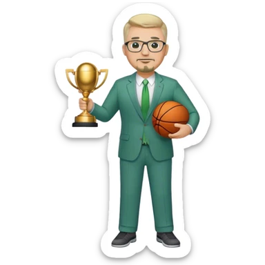 Full Body white male plus size wearing glasses with a goatee with light blonde and gray very short hair happy basketball head Coach in blue and green suit holding trophy sticker