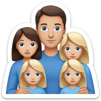 Family portrait with father with dark brown hair and blue eyes, mother with light brown hair and blue eyes, three blonde little girls with blue eyes sticker