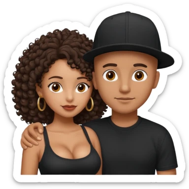 A picture of a tanned couple embracing. the guy is Mexican, with a bald hair cut and he has a SnapBack hat on. The girl is mixed, the girl is wearing a black shirt, the girl has brown curly big hair and the girl has big boobs  sticker