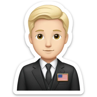 A diplomat in a formal suit with a briefcase and flag pin on lapel sticker