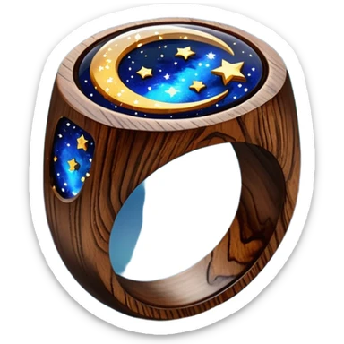 dark wood ring with epoxy resin in space and stars motifs crystal sticker