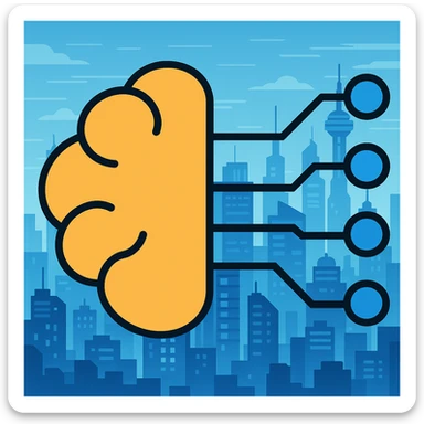 Add a futuristic city background, keep the brain with circuit lines as the main subject, maintain color outline style sticker