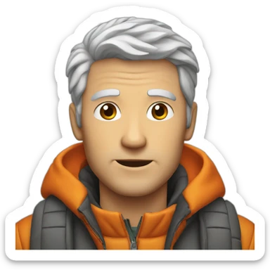 young gray-haired white man with an orange down jacket sticker