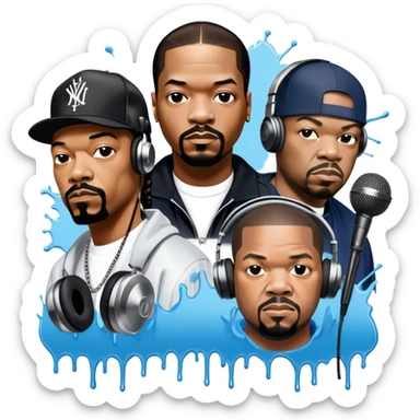 Icon for Rap Music: collage of rap legends—Snoop Dogg, Ice Cube, Dr. Dre, and 50 Cent. Iconic elements include microphones, headphones, and urban street elements like graffiti. Bold, energetic vibe with a hip-hop style. Transparent background. sticker