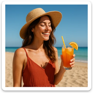 take this picture of a woman and make it  beach photo with drink sticker