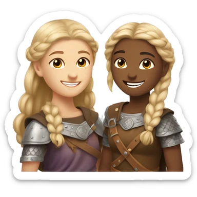 young caucasian viking girls helping each other smiling sticker