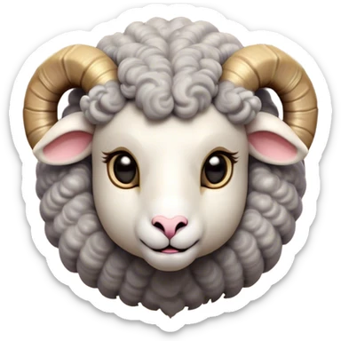 Cinematic Cute Ram Portrait Emoji, Head tilted playfully and inquisitively, featuring a dense, woolly grey fur with charming curled horns, round, sparkling dark eyes filled with curiosity, Simplified yet irresistibly adorable features, highly detailed, glowing with a warm, friendly glow, high shine, affectionate and spirited, stylized with a touch of rugged whimsy, bright and endearing, soft glowing outline, capturing the essence of a mischievous yet loving ram, so playful it feels like it could butt its way out of the screen and into your arms! sticker