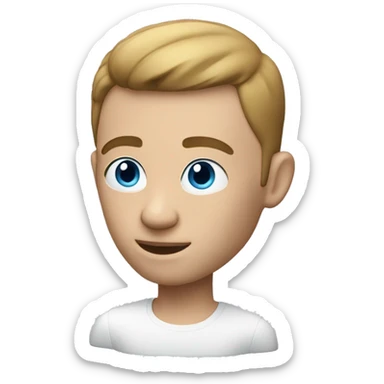 a white memoji man with a french crop behind a laptop with blue eyes sticker