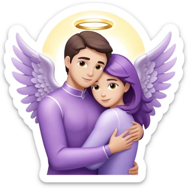 a pastel purple angel woman hugging White brunette man human rays of light sticker