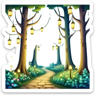 enchanted forest with tall trees, sparkling lights, whimsical atmosphere sticker