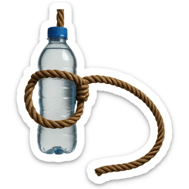 A long rope with a noose, water bottle inside the knot, no background, realistic style, natural details, symbolic atmosphere, photorealistic and detailed water bottle inside the knot of the rope. sticker