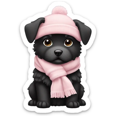 fluffy chubby black puppy with pale pink winter hat pale pink scarf sticker