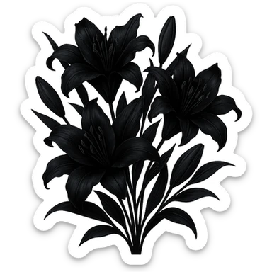 Create a bouquet of black lilies that is dramatic and elegant in a gothic style, with no background. The bouquet should emphasize the dramatic and elegant nature of the lilies with a dark gothic aesthetic. sticker