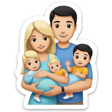 family with blond dad, brunette mom, blonde son, daughter with black hair, and a baby sticker