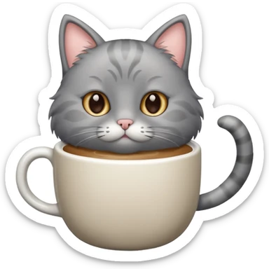 Happy gray Cat holding in its front two paws an hot latte sticker
