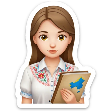 A Ukrainian girl in a white embroidered shirt holds a map of Ukraine sticker