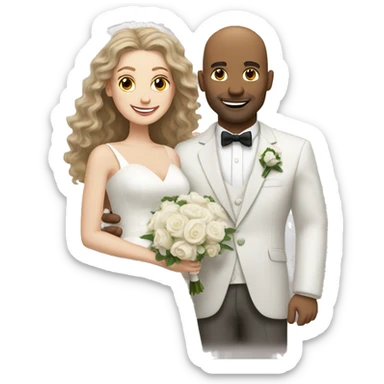 White bald man and his whitewife with long, brown, curly hair on their wedding day sticker