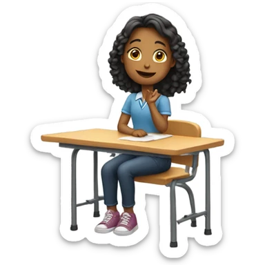 A girl with a raised hand at a desk at school  sticker